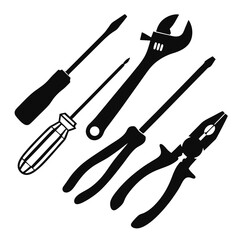 Black silhouettes of hand tools on white background wrench screwdrivers