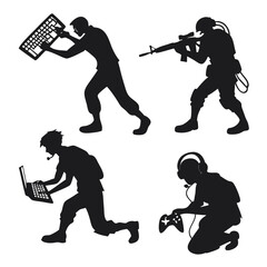 Black silhouettes of gamers with keyboards laptops and controllers gaming © RABBI