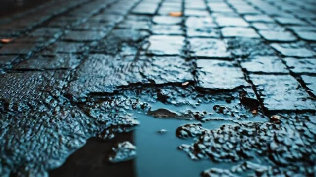 Puddle reflecting building facade on cobblestone street
