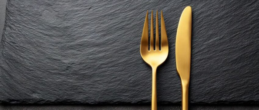 Golden Cutlery Elegance: A high-angle shot showcases a beautifully arranged golden fork and knife on a sophisticated slate surface, perfect for culinary presentations and food-related themes. 
