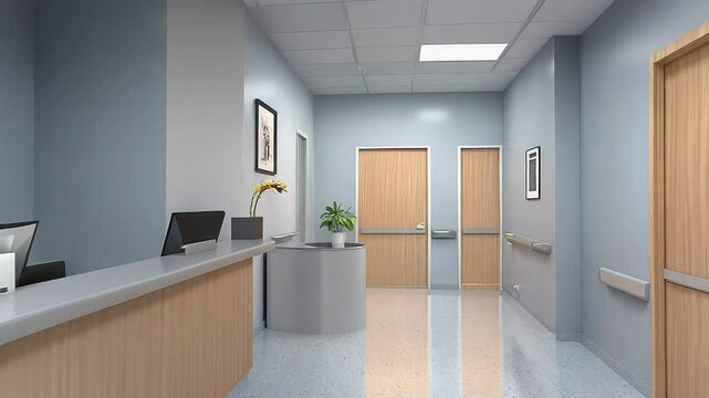 Modern hospital reception area with empty waiting room and framed medical scan