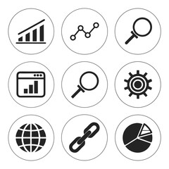 Business analytics and seo icons graph magnifying glass gear globe link chart