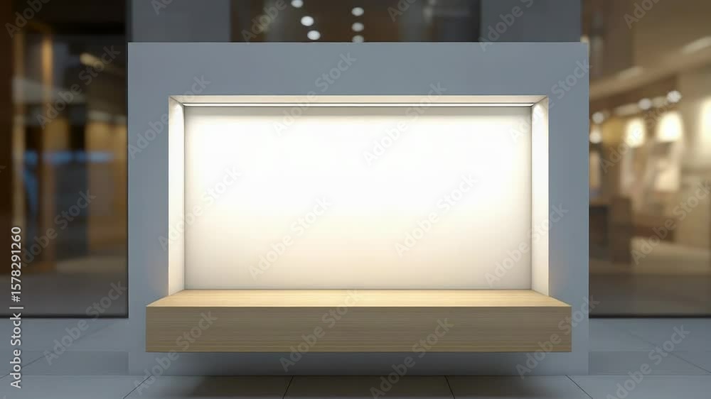Poster empty showcase with illuminated backdrop in shopping mall setting