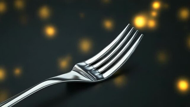 Shiny silver fork lying on dark surface with festive bokeh background
