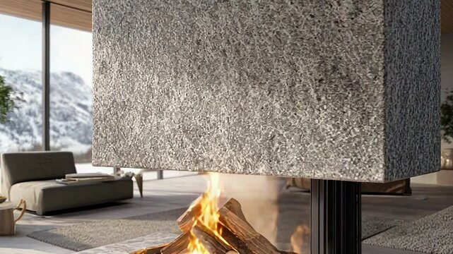 Modern fireplace burning inside luxurious chalet living room