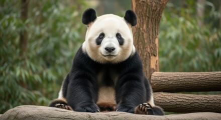 Fototapeta premium Giant Panda Sitting on a Rock in a Zoo Enclosure with Lush Green Foliage in the Background