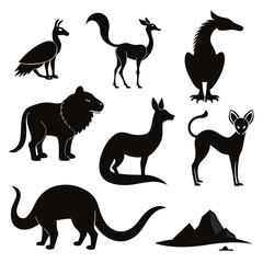 Diverse desert animals and mountain landscape silhouettes fennec fox lion