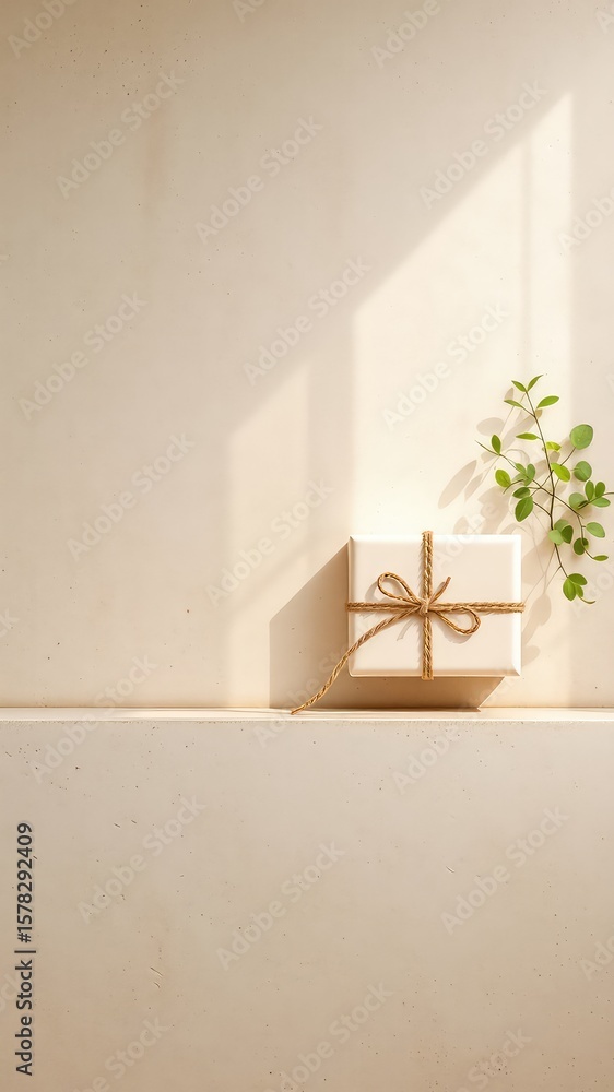 Poster wrapped gift with string bow on a stone shelf with green sprig in soft light showing simple elegance