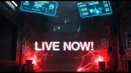 Dynamic animation of a gaming live stream announcement in a cyberpunk alley setting, featuring electric effects and futuristic display screens with game stats.