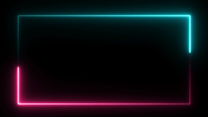 Neon rectangle frame icon illustration on black background. rectangular frame made of two moving neon lights overlay.