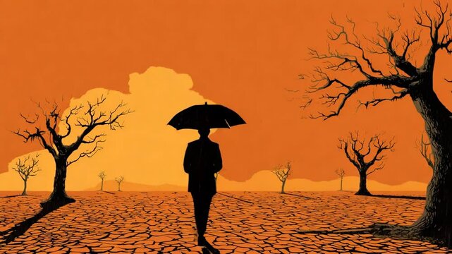 A person holding an umbrella under an intense heatwave, cracked ground and dying trees