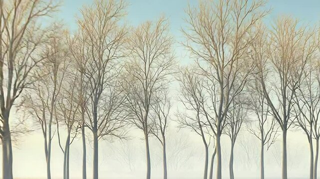 Row of bare trees standing in a misty winter landscape