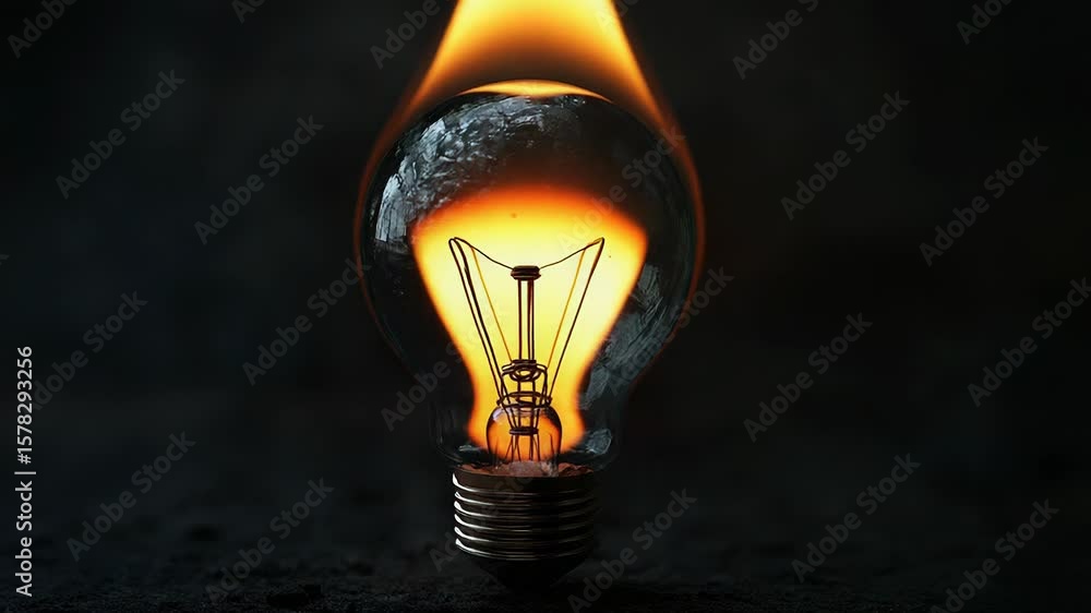 Poster light bulb exploding in flames and smoke, generating orange glow