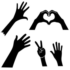 Five black hand gestures forming heart peace open palm and counting heart shape peace sign