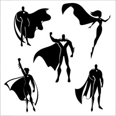 Five black superhero silhouettes in dynamic flight poses vector © RABBI