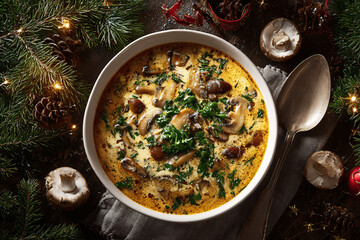 Traditional Polish Mushroom Soup Served on Plate, Festive Christmas Culinary Photography