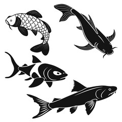 Naklejka premium Four black fish silhouettes swimming in different directions goldfish shark