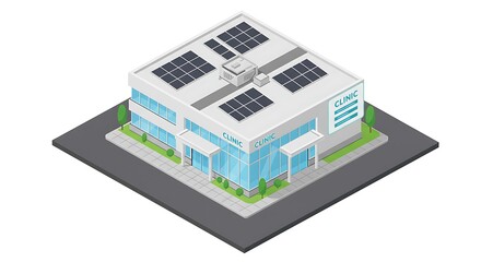 Isometric View of a Modern Clinic Building with Solar Panels, A Contemporary Medical Facility with Sustainable Energy Elements