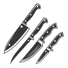 Four dark kitchen knives of varying sizes and blade types cutlery cooking
