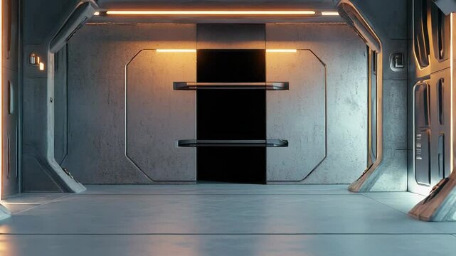 Futuristic metallic corridor with orange lights illuminating empty room