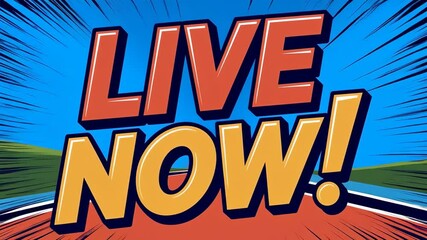 Dynamic cartoon animation of LIVE NOW message with racing track background for event promotion and announcement