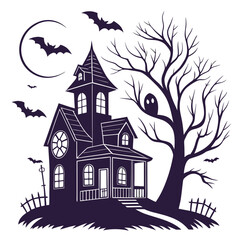 Dark Silhouette Haunted House Vector Bats Moon Tree