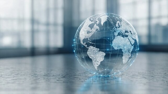 A digital globe with interconnected lines, symbolizing global communication and technology in a modern, visually appealing design.