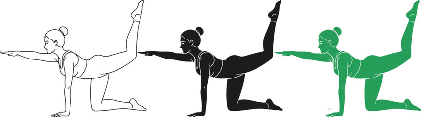 Fototapeta premium Three illustrations of a woman in a yoga pose with raised leg and arm