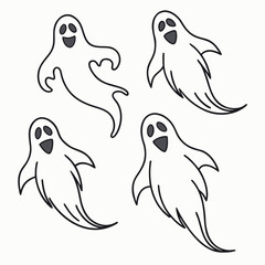 Four White Halloween Ghost Silhouettes Vector Illustration