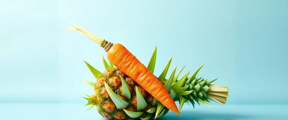 A vibrant orange carrot rests atop bright green pineapple leaves against a soft pastel blue background, evoking Easter themes, pineapple, texture