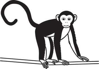 BlacK and White Monkey Silhouette Vector Cartoon Jungle Animal Illustration Standing on Branch for Wildlife Clipart Logo Educational Design Decor and Graphic Art Projects