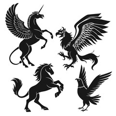 Majestic mythical creatures black silhouettes on white unicorn griffin © RABBI