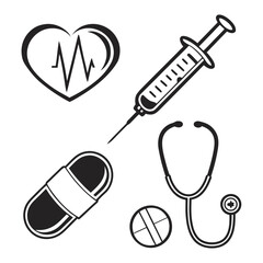 Medical icons heart pulse syringe pill stethoscope health healthcare