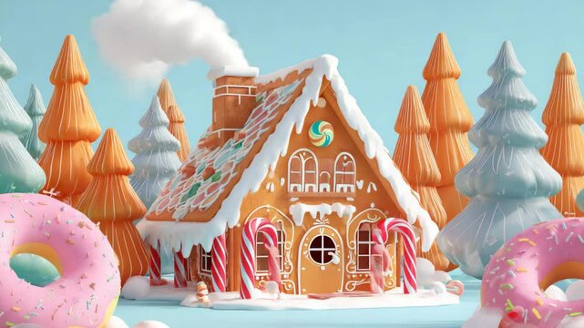 A gingerbread house with icing roof and candy cane pillars