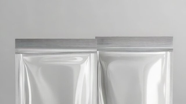 Two empty transparent plastic pouches with zipper on gray background