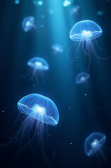 Glowing jellyfish in a deep underwater scene.