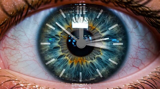 Close-up of an eye with a clock reflection inside
