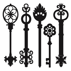 Obraz premium Ornate antique key silhouettes decorative vintage designs antique keys ornate keys