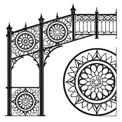 Ornate black and white decorative fence segments and mandala railing gate