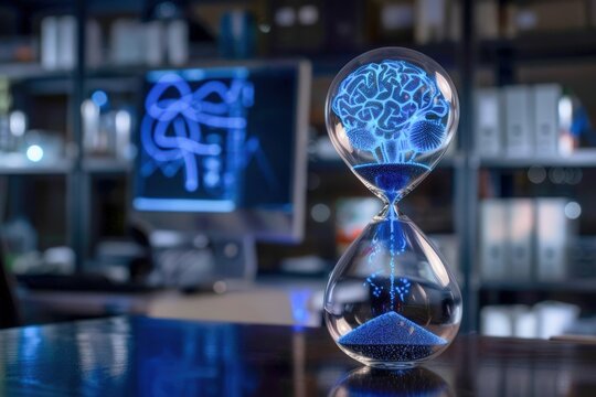 hourglass filled with glowing brain matter instead of sand on neurons dark lab setting .