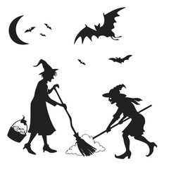 Halloween Witches Silhouettes Bats Moon Broom Vector Black White