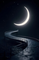 Naklejka premium Serene crescent moon illuminates a winding bridge path at night.
