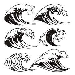Six black and white ocean wave and water splash designs vector