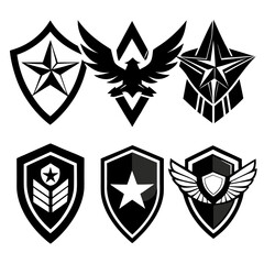 Six black and white shield emblems with stars and wings esports © RABBI