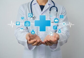 Doctor Presenting Digital Healthcare Network: Male medicine doctor hold healthcare medical icons for the Health insurance concept in hospital background, Global Health, Medical Innovation