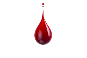 Red blood drop bright and shiny isolated on transparent background, PNG file. Vibrant blood drop, element isolated.

