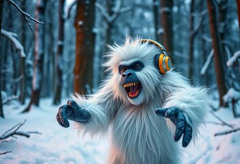 Playful yeti dances in snowy woods, headphones on, mythical, yeti