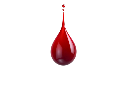 Red blood drop bright and shiny isolated on transparent background, PNG file. Vibrant blood drop, element isolated.
