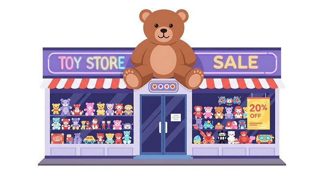 Charming Toy Store Illustration with Teddy Bear and Bright Neon Sign, Toy Storefront Featuring Colorful Plush Toys and a 20% Off Sale Advertisement