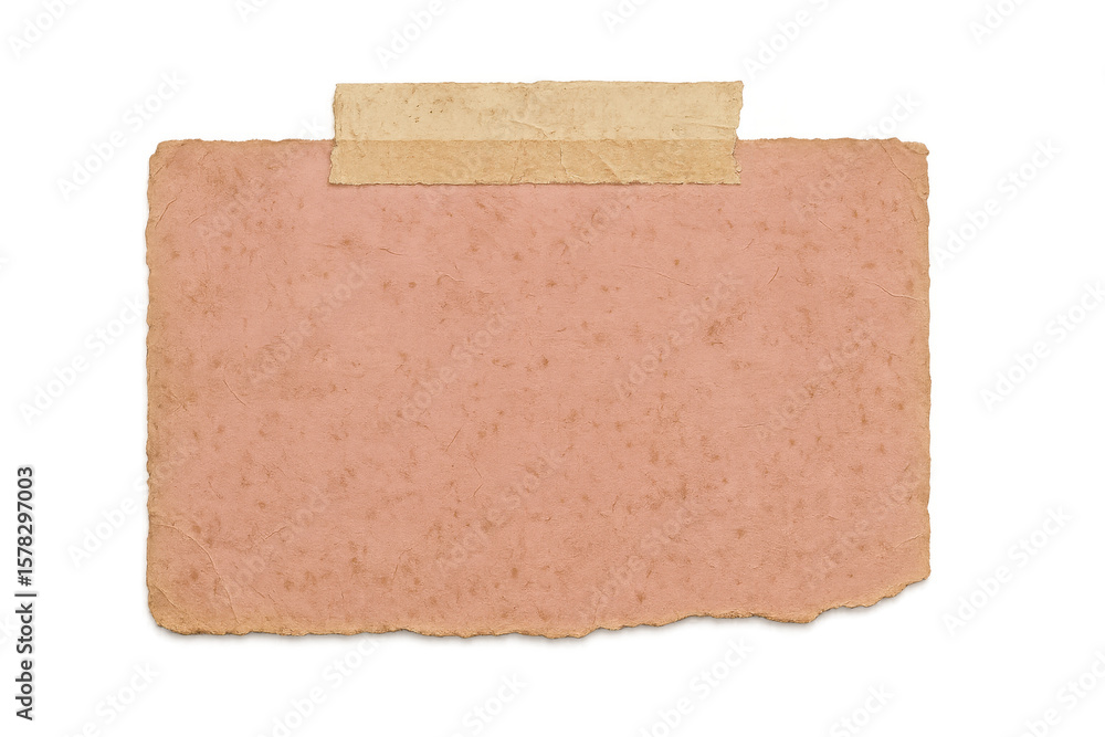 Poster pink rectangular sheet of old torn paper attached with two strips of aged adhesive tape on a transpa